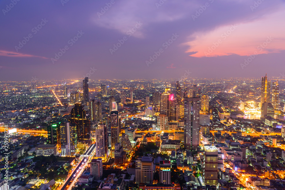 high view of the city in sunset time / High view of Bangkok city in sunset