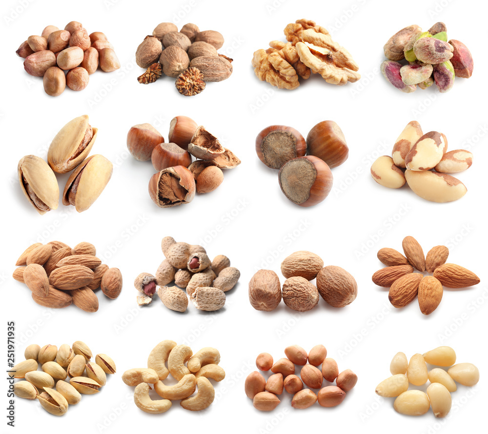 Assortment of tasty nuts on white background Assortment of tasty nuts on white background