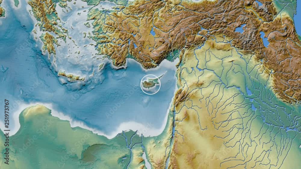 Cyprus area presented against the global relief map in the Kavrayskiy VII projection with animated oblique transformation Cyprus area presented against the global relief map in the Kavrayskiy VII projection with animated oblique transformation