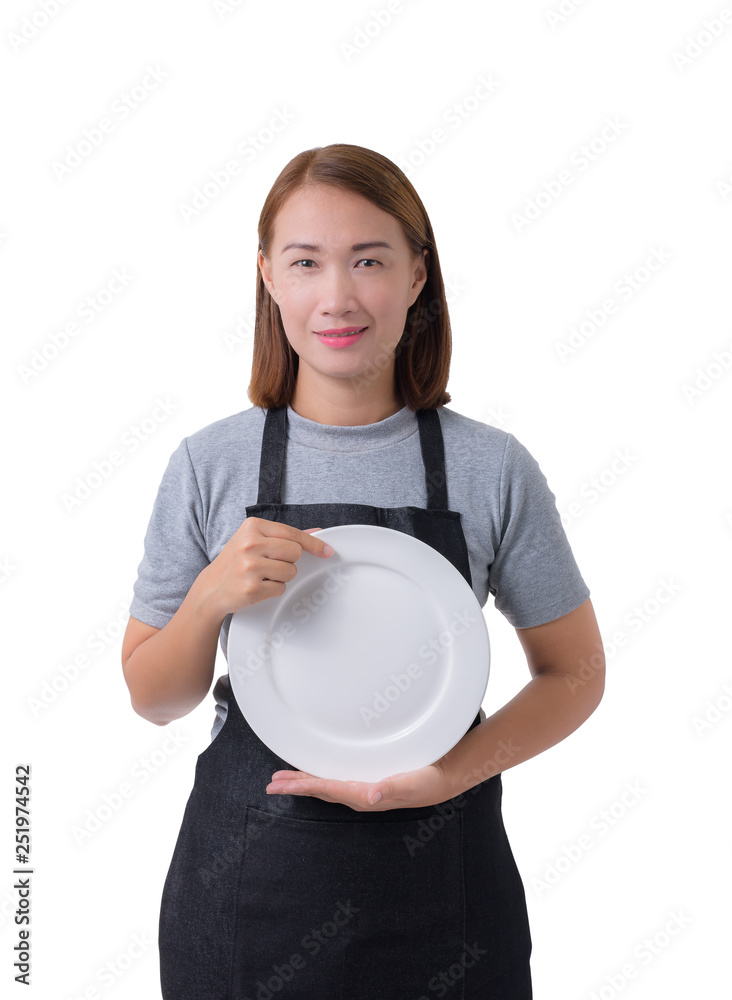 waitress, delivery woman or Servicewoman in Gray shirt and apron isolated on white background waitress, delivery woman or Servicewoman in Gray shirt and apron isolated on white background