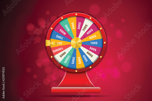 Realistic 3d spinning fortune wheel, lucky roulette vector illustration. Abstract concept graphic gambling element