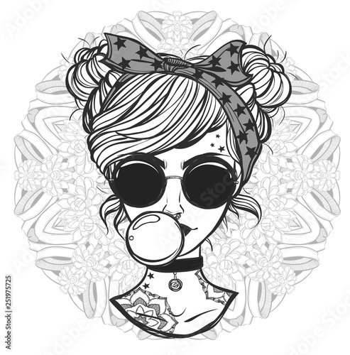 Vector illustration. Retro girl with glasses and tattoos. Handmade, prints on T-shirts, tattoos, background white