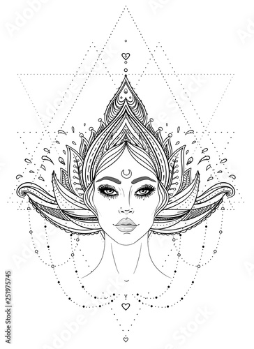 Tribal Fusion Boho Diva. Beautiful Asian divine girl with ornate crown, kokoshnik inspired. Bohemian goddess. Hand drawn elegant illustration. Lotus flower, patterned Indian paisley.