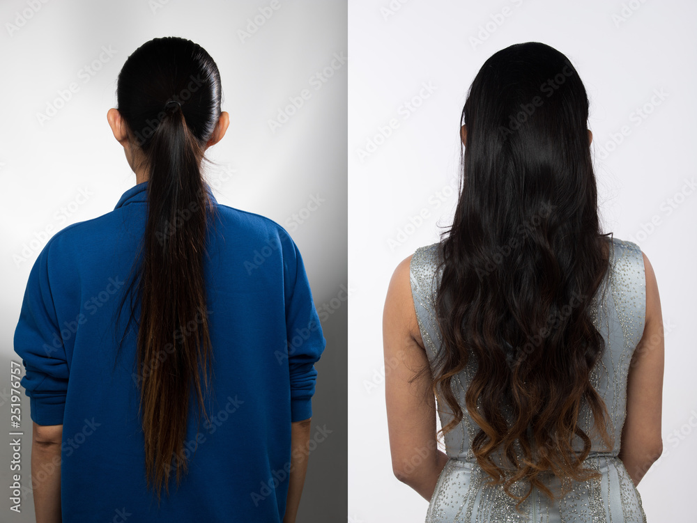Asian Woman before after applying Pageant make up long sized curls, Brushed  to one side hair style. no retouch comparison left right, fresh face.  Studio lighting white background, aesthetics treatment Stock Photo |