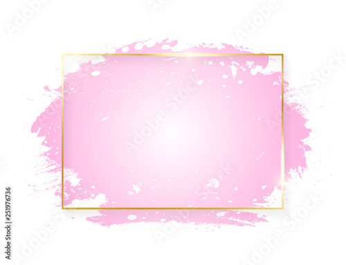 Gold shiny glowing rectangle frame with pink brush strokes isolated on white background. Golden line border for invitation, card, sale, fashion, wedding. Woman, Valentine or mother day concept. Vector