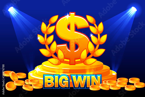 BIG WIN banner and sign DOLLAR award. Stack golden coins. Vector illustration for casino, slots, roulette and game UI.
