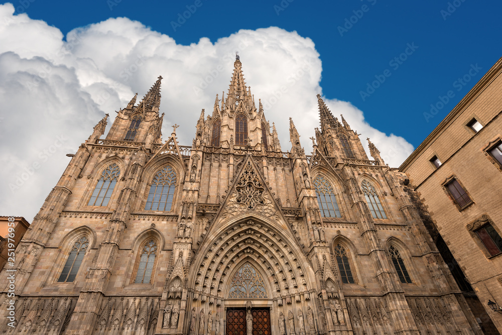 Facade of Barcelona Cathedral in gothic style - Spain