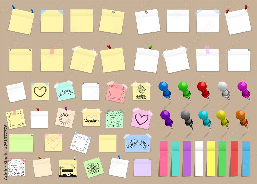 Mega pack of colored office paper stickers and metal pins with shadows isolated on beige background. Reminder tag elements mock up. Vector illustration Mega pack of colored office paper stickers and metal pins with shadows isolated on beige background. Reminder tag elements mock up. Vector illustration