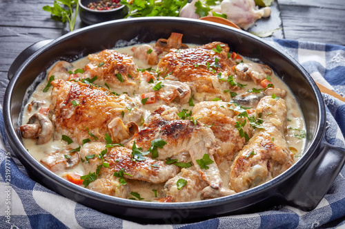 hot chicken fricassee in a black dutch oven photo