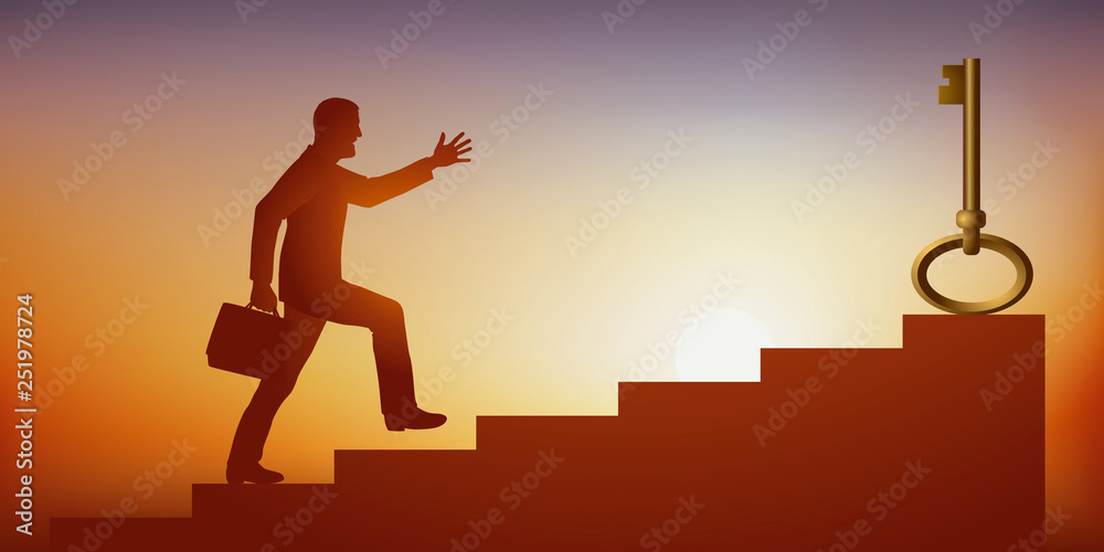 Concept du problème à résoudre pour obtenir le succès, avec un homme montant des escaliers en courant la main tendue vers une clé qui symbolise la solution.