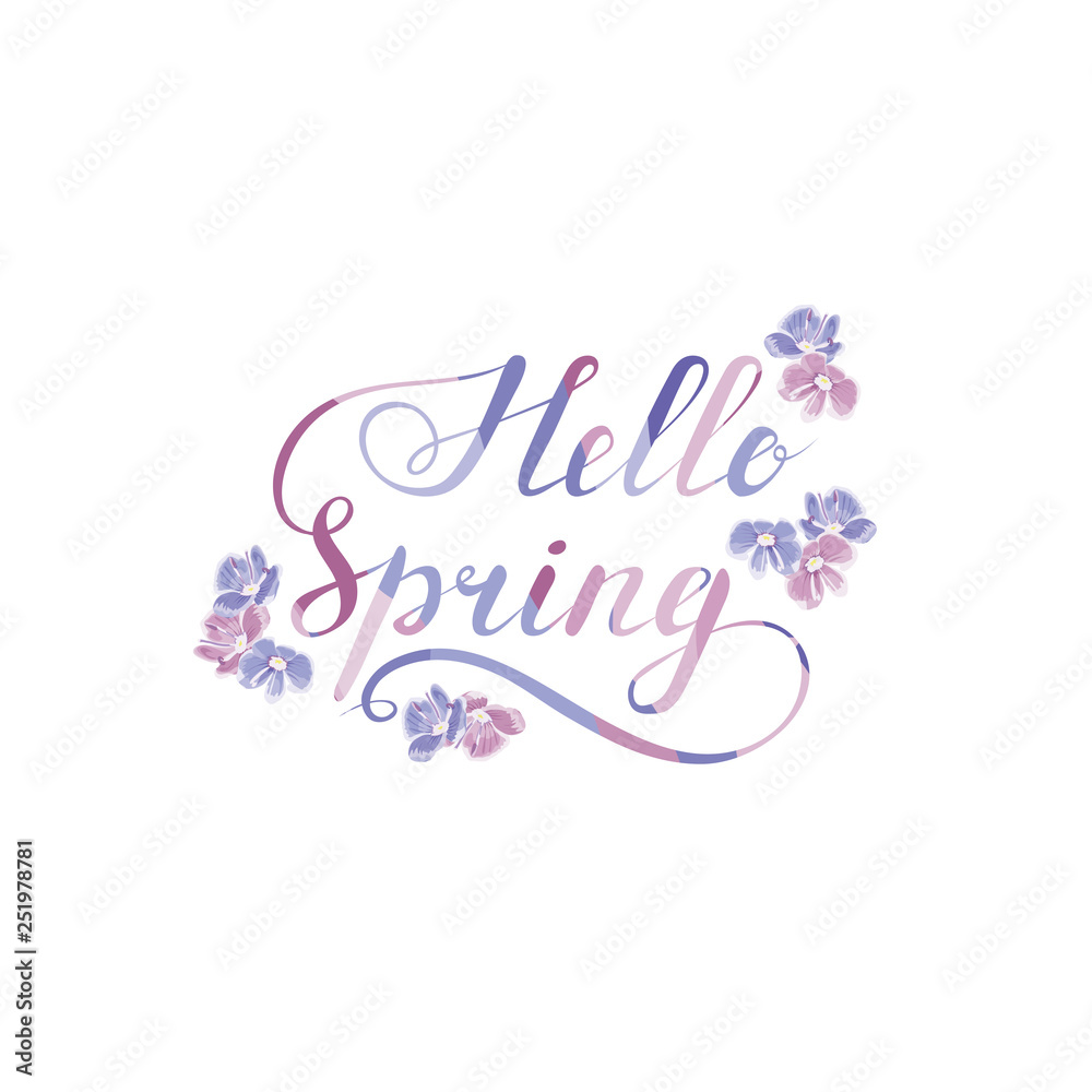 hello spring phrase with blue and pink flowers. handwritten calligraphic slogan. design element for greeting card, banner, invitation, vignette, flyer. text calligraphic element. vector illustration