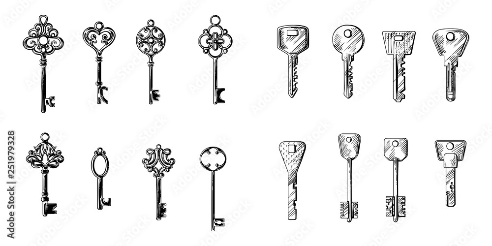 sketch hand drawn collection of keys from different styles old modern vintage vector sketch hand drawn collection of keys from different styles old modern vintage vector