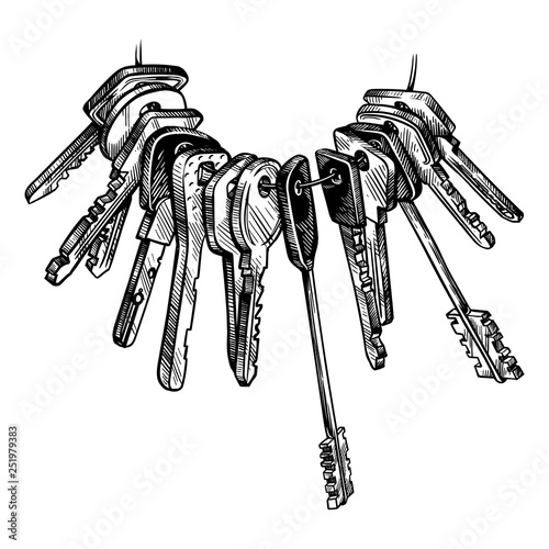 sketch hand drawn bunch of keys on white background