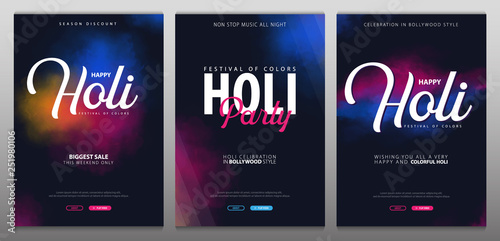 Set of banners Happy Holi. Indian Festival of Colors. Vector Illustration.