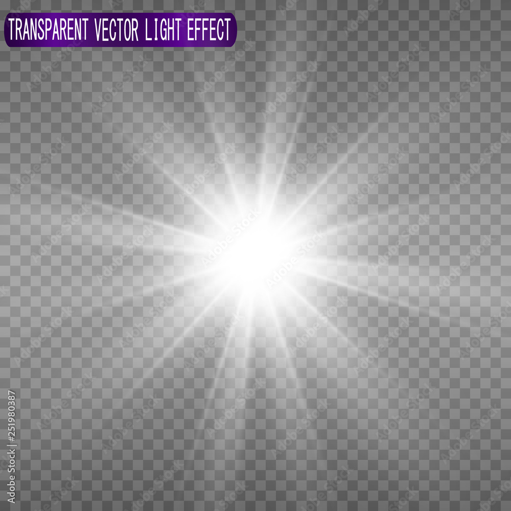White beautiful light explodes with a transparent explosion. Vector, bright illustration for perfect effect with sparkles. Bright Star. Transparent shine of the gloss gradient, bright flash - obrazy, fototapety, plakaty 