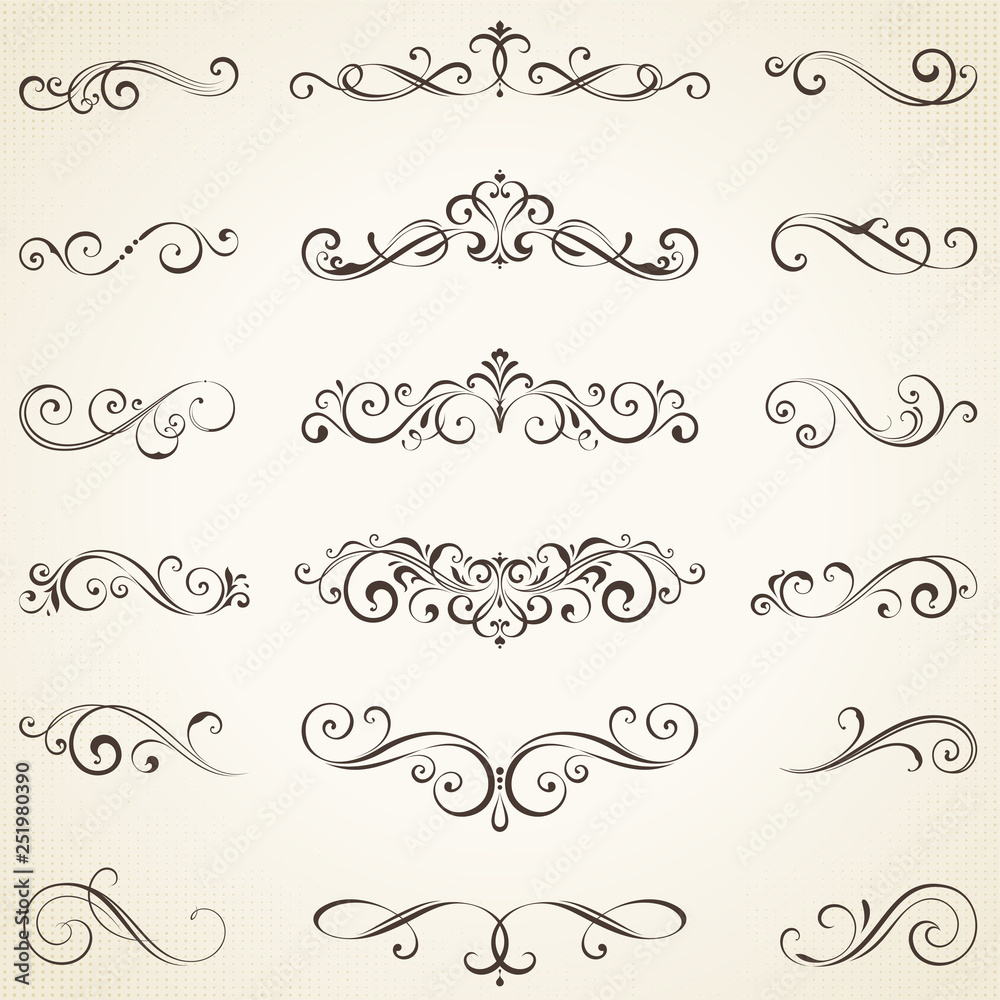 Vector set of ornate calligraphic vintage elements, dividers and page decorations. 