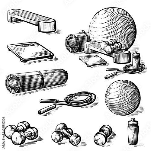 sketch hand drawn collection of elements for fitness ball scales bottle dumbbell step