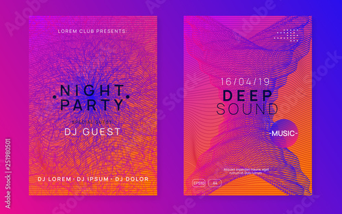 Sound flyer. Modern show brochure set. Dynamic gradient shape and line. Neon sound flyer. Electro dance music. Electronic fest event. Club dj poster. Techno trance party.