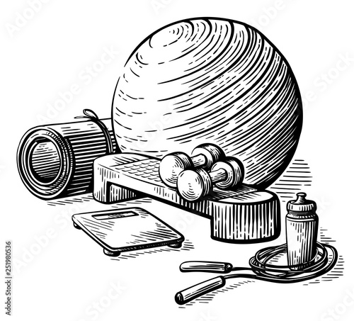 sketch hand drawn collection of elements for fitness ball scales bottle dumbbell step