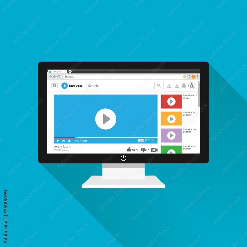 Video sharing website on monitor screen concept. Modern video player design template for internet in flat style. Isolated in blue background. Vector illustration.