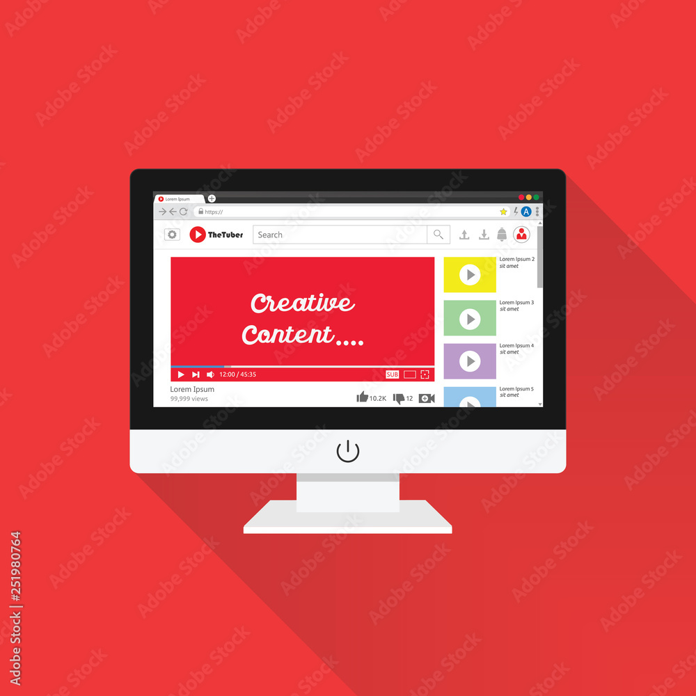 Video sharing website on monitor screen concept. Modern video player design template for internet in flat style. Isolated in red background. Vector illustration.