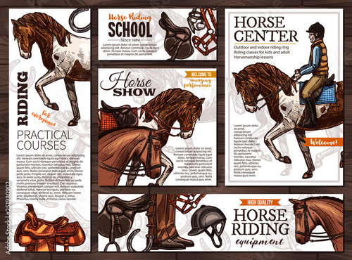 Collection of vector hand drawn cards for horse riding, school, lessons, equestrian club or academy, horseback equipment. Posters and banners with sketch illustrations with typography