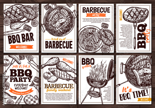 Collection of vector hand drawn posters with grilled food, sausages, chicken, french fries, steaks, fish, BBQ bar and party welcome. Set of monochrome sketch cards with typographic