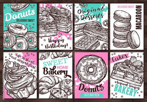 Collection of vector hand drawn posters with sweets, homemade bakery, donuts, cakes, macaroons and desserts. Set of monochrome sketch cards with typographic