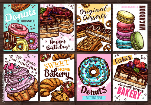 Set of vector hand drawn posters with sweets, homemade bakery, donuts, cakes, macaroons and desserts. Collection of colorful sketch cards with typographic