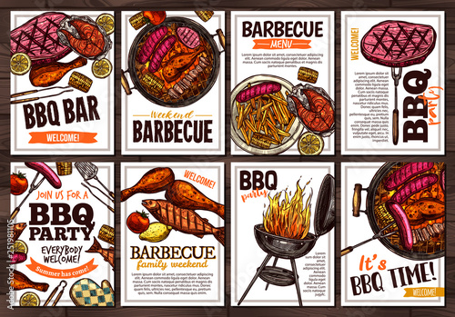 Set of vector hand drawn posters with grilled food, sausages, chicken, french fries, steaks, fish, BBQ bar and party welcome. Collection of colorful sketch cards with typographic
