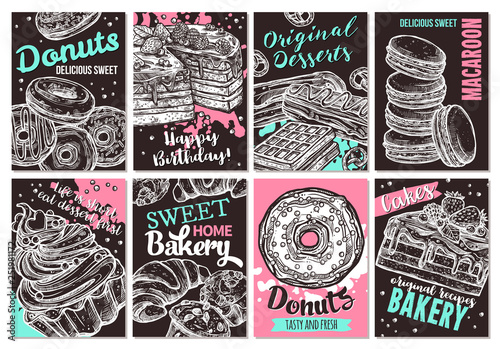 Set of vector hand drawn posters with sweets, homemade bakery, donuts, cakes, macaroons and desserts. Collection of trendy sketch cards with typographic on the chalkboard