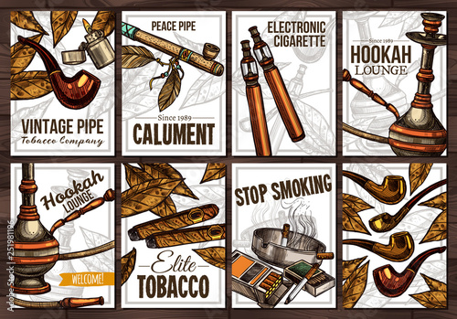 Set of vector hand drawn posters with tobacco and smoking collection cigarettes, cigars, hookah, tobacco leaves, pipes. Collection of colorful sketch cards with typographic
