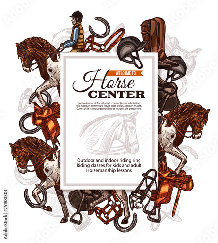 Vector background for horse riding poster with hand drawn horse and riding equipment. Design with sketch illustration for riding school, lessons, equestrian club or academy