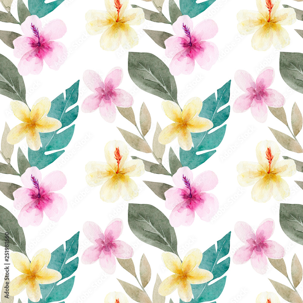 Obraz premium Seamless pattern with flowers and green tropical palm leaves. Exotic and jungle trendy style. Hand drawn watercolor illustration. Exotic hawaiian summer design for print, printing on paper or fabric