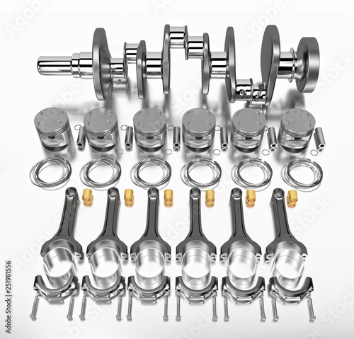 3D rendering. Crankshaft for 6v cylinders engine. Truck crankshaft on grey background. Engine bearing crankshaft with pistons and piston rings. photo