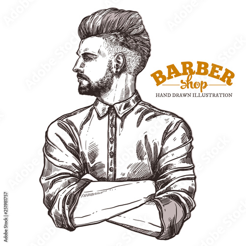 Vector sketch illustration of barbershoper. Portrait of yong hipster man with trendy hairstyle. Hand drawn image of Barber Shop owner
