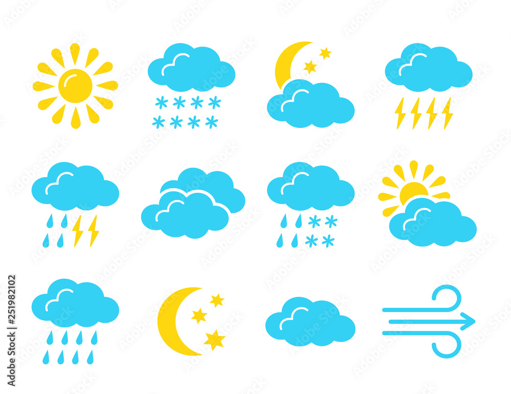Weather forecast symbol collection. Flat icon set for sunny, rainy, cloudy days. Meteo & climate signs. Isolated object Weather forecast symbol collection. Flat icon set for sunny, rainy, cloudy days. Meteo & climate signs. Isolated object