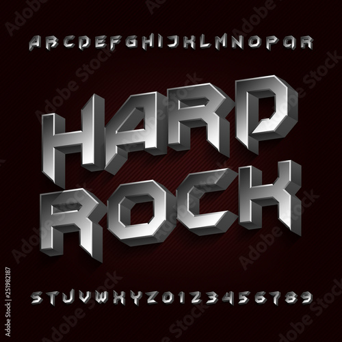 3D Hard rock alphabet font. Metal effect beveled letters and numbers. Stock vector typescript for your design.