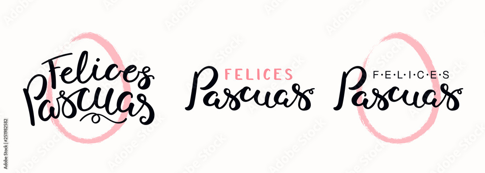 Set of hand written quotes Felices Pascuas, Happy Easter in Spanish, with egg outline. Isolated objects on white background. Hand drawn vector illustration. Design concept, element for card, banner. Set of hand written quotes Felices Pascuas, Happy Easter in Spanish, with egg outline. Isolated objects on white background. Hand drawn vector illustration. Design concept, element for card, banner.