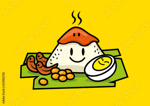 Nasi Lemak. Traditional malay food. Cute characters of Nasi Lemak rice with boiled egg, peanuts, banana leaf. Spicy Sambal on top of rice.