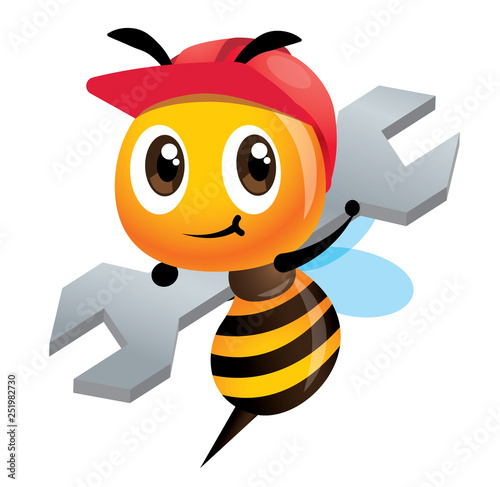 Cartoon cute bee wearing red safety cap and holding a spanner. Cute mascot hardworking bee. Vector illustration isolated