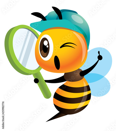 Cartoon cute bee wearing blue safety cap and holding a magnifying glass. Cute mascot hardworking bee. Vector illustration isolated