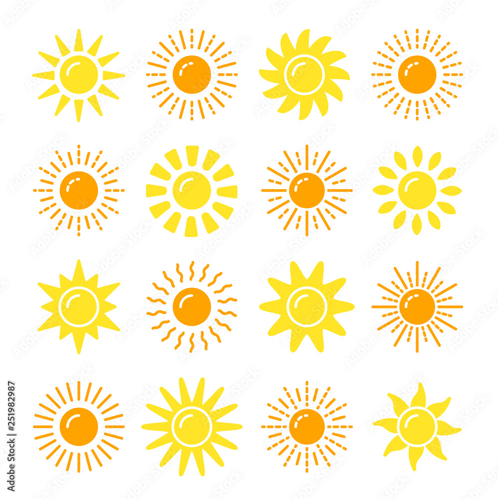 Sun symbol collection. Flat vector icon set. Sunlight signs. Weather forecast. Isolated object Sun symbol collection. Flat vector icon set. Sunlight signs. Weather forecast. Isolated object