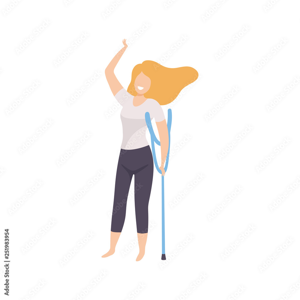 Fototapeta premium Happy Young Woman in Casual Clothes with Crutches, Body Positive, Self Acceptance and Beauty Diversity Concept Vector Illustration
