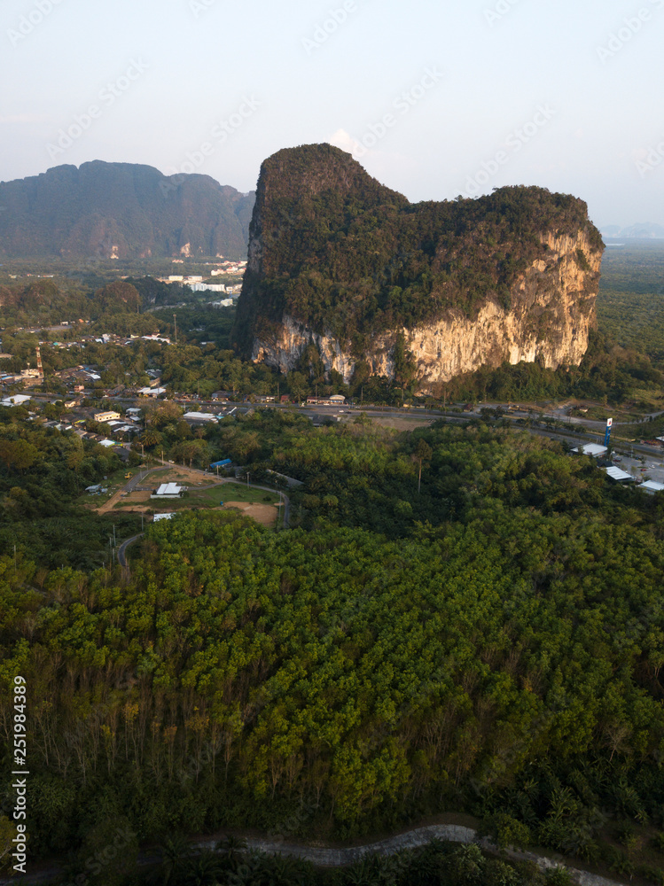 Aerial view of Phang Nga Bay, Krabi, Phuket region, Thailand. Green mountains, river and road on the picture.