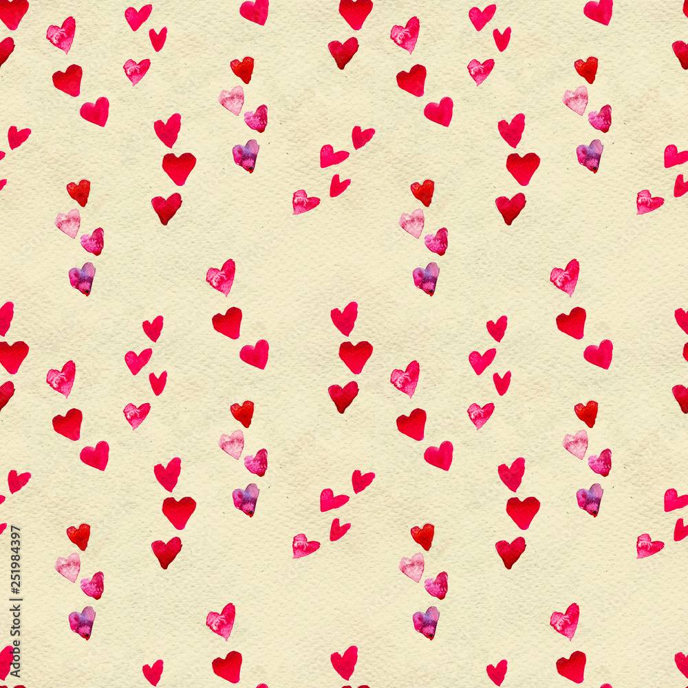 Happy Valentines Day. Seamless pattern with red watercolor hearts.