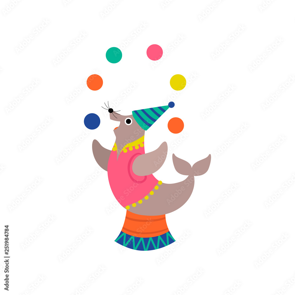 Naklejka premium Cute Seal Juggling Balls on Stage, Funny Animal Performing in Circus Show Vector Illustration
