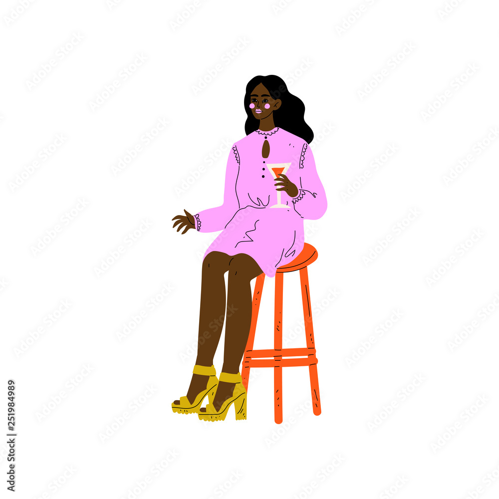 Young African American Woman Sitting on Bar Chair with Glass of Alcohol Drink Vector Illustration Young African American Woman Sitting on Bar Chair with Glass of Alcohol Drink Vector Illustration