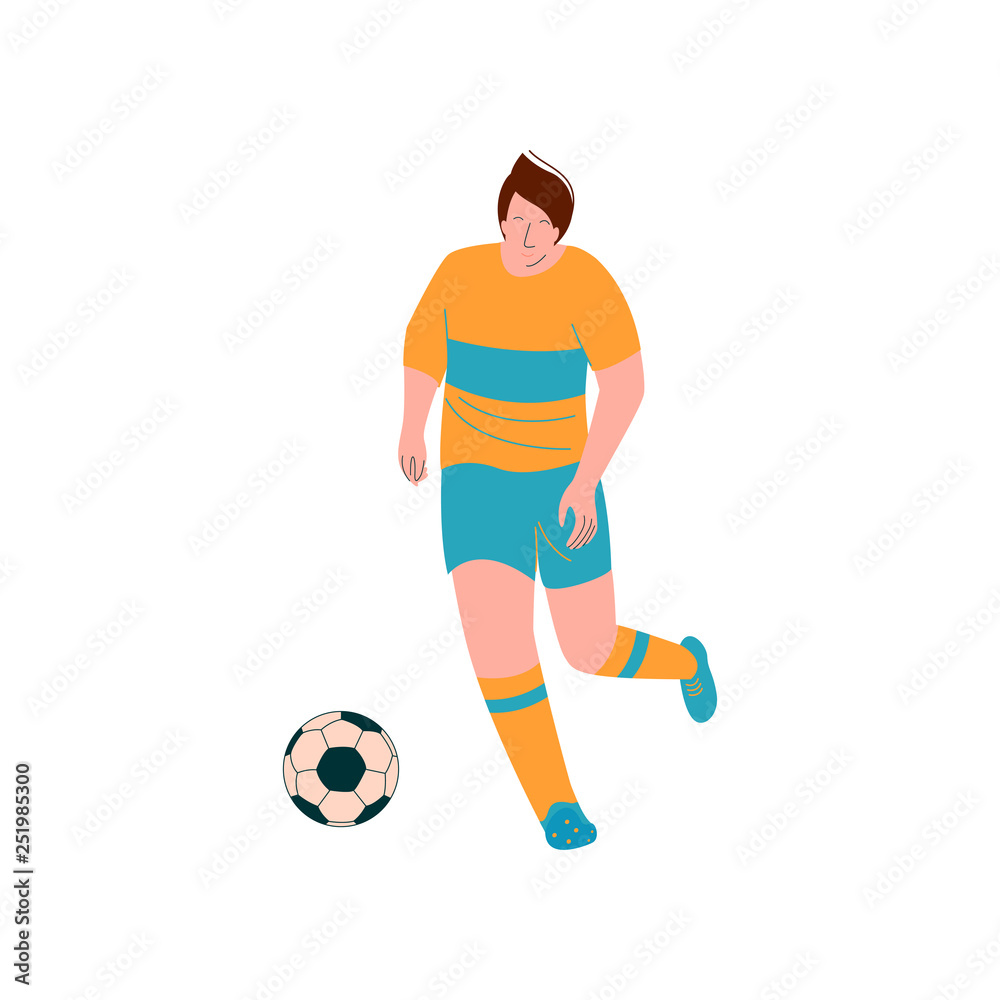 Male Soccer Player Playing Soccer, Footballer Character in Sports Uniform Vector Illustration