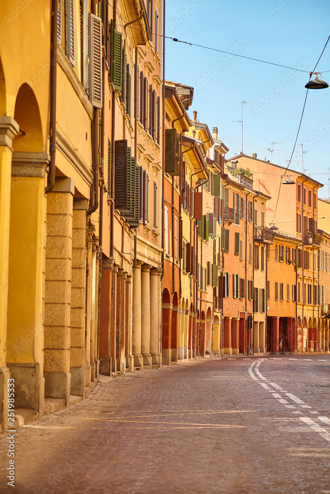 The street of Bologna, Italy. Color houses 